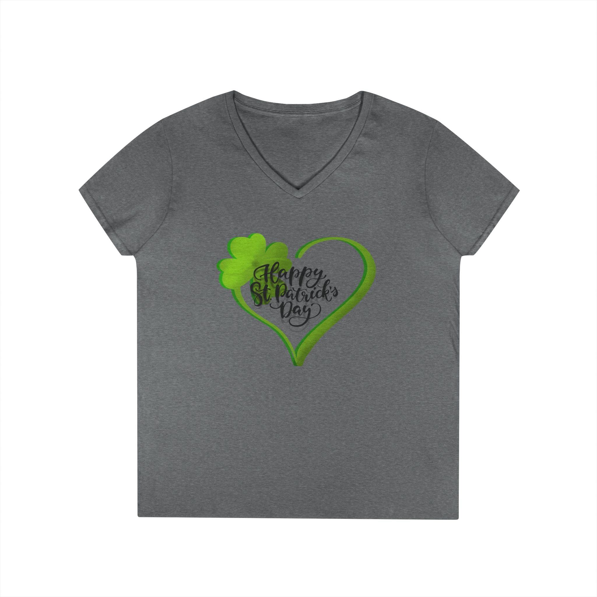 St. Patrick's Day Ladies' V-Neck T-Shirt — Green Shamrock Heart "Happy St. Patrick's Day"