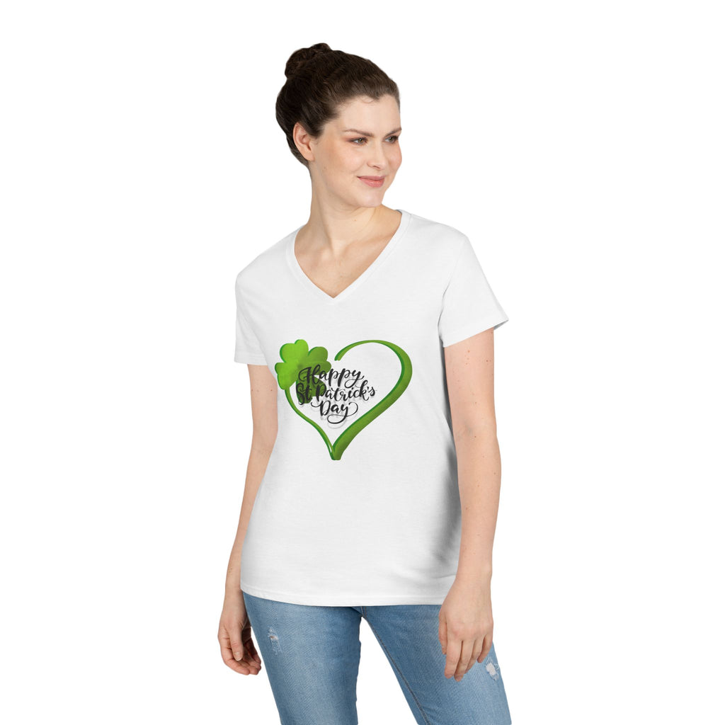 St. Patrick's Day Ladies' V-Neck T-Shirt — Green Shamrock Heart "Happy St. Patrick's Day"