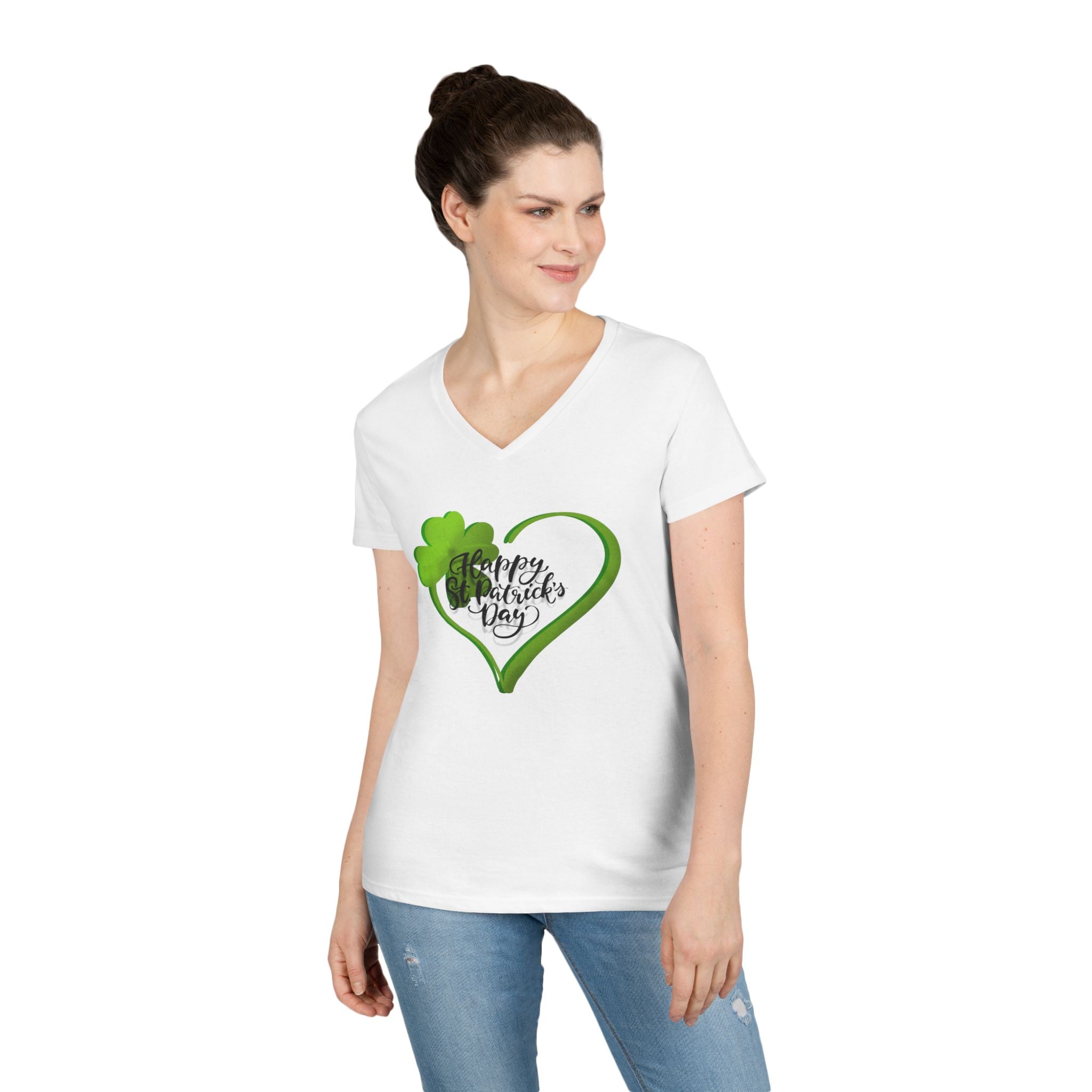 St. Patrick's Day Ladies' V-Neck T-Shirt — Green Shamrock Heart "Happy St. Patrick's Day"