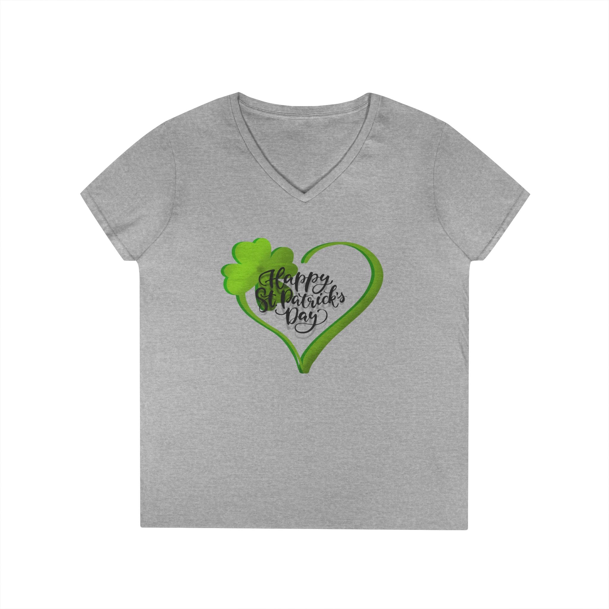 St. Patrick's Day Ladies' V-Neck T-Shirt — Green Shamrock Heart "Happy St. Patrick's Day"