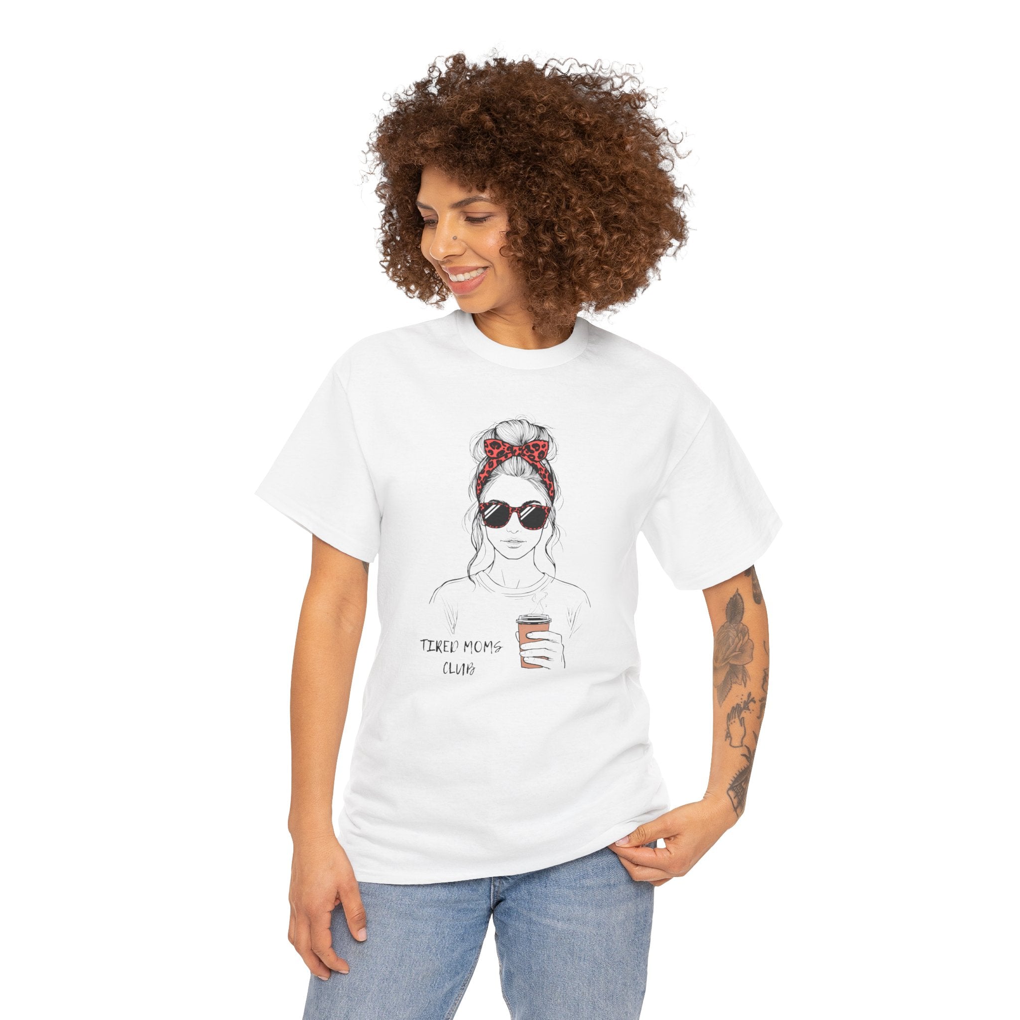 Tired MOM T-Shirt | Mom Hair Bandana Sunglasses Coffee Tee