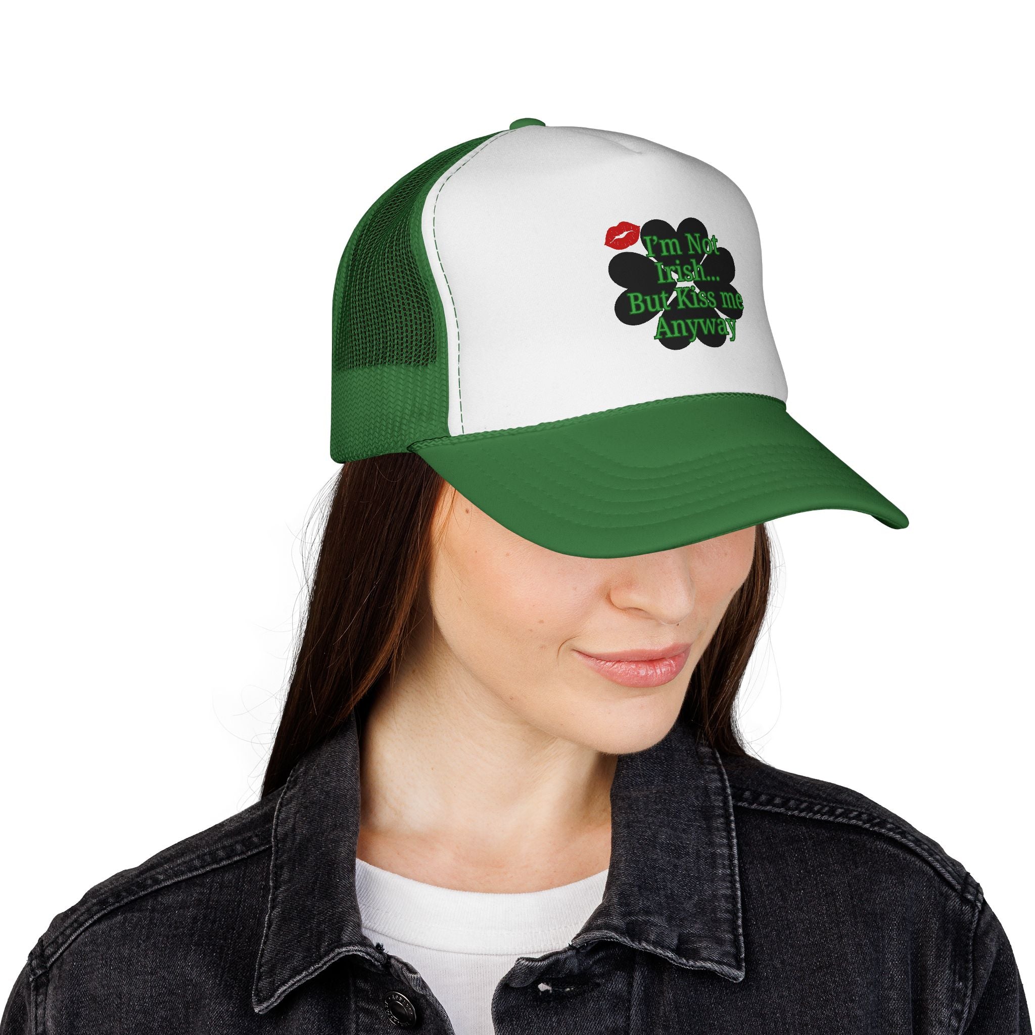 Trucker Cap — “I’m Not Irish… But Kiss Me Anyway” Shamrock St. Patrick’s Hat