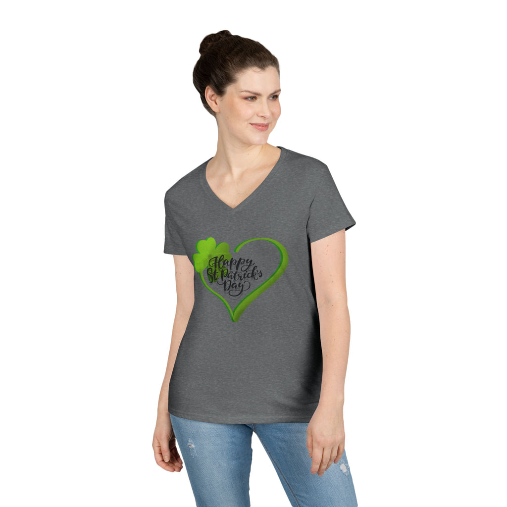St. Patrick's Day Ladies' V-Neck T-Shirt — Green Shamrock Heart "Happy St. Patrick's Day"