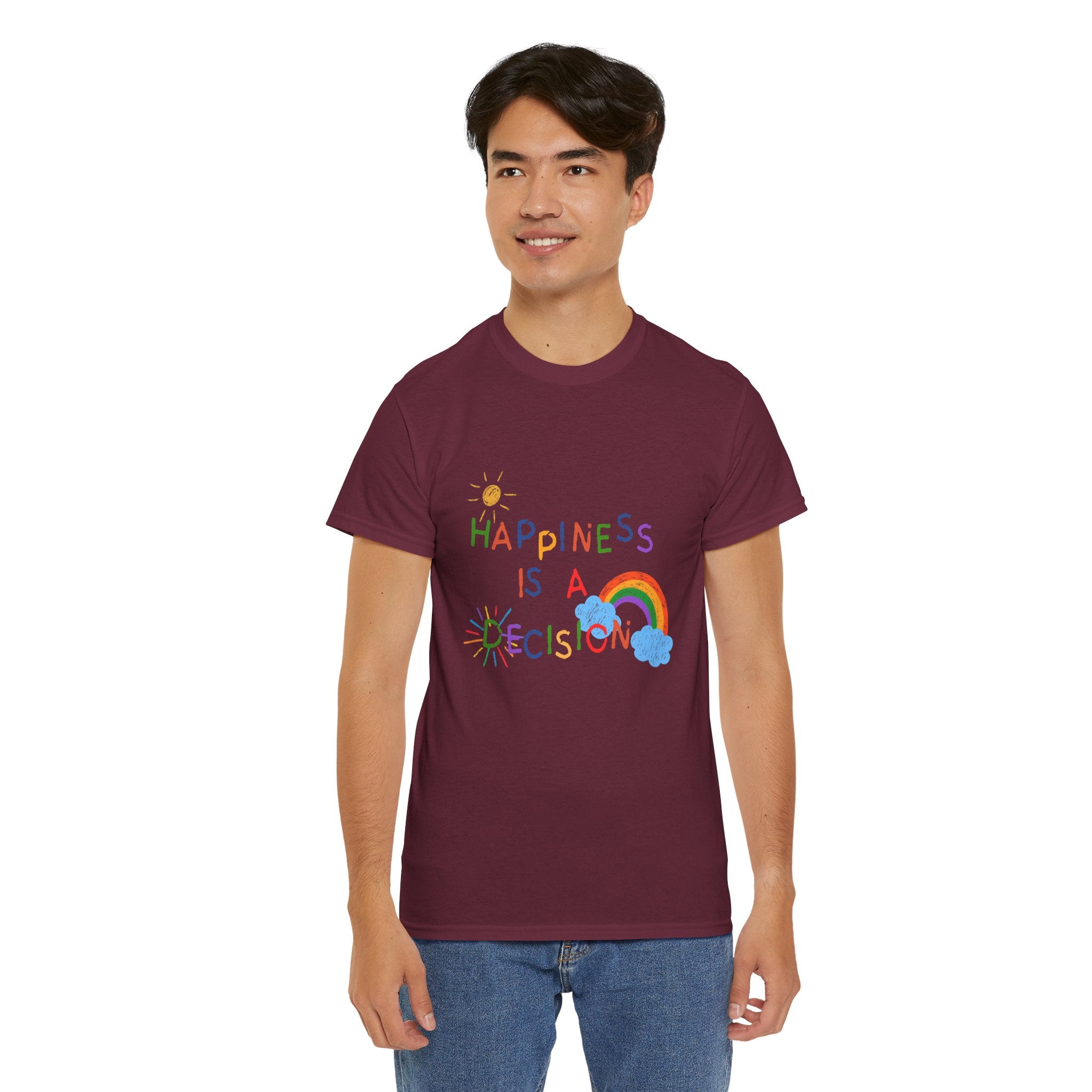 Happiness Is A Decision T-Shirt | Rainbow Handdrawn Positive Quote Tee