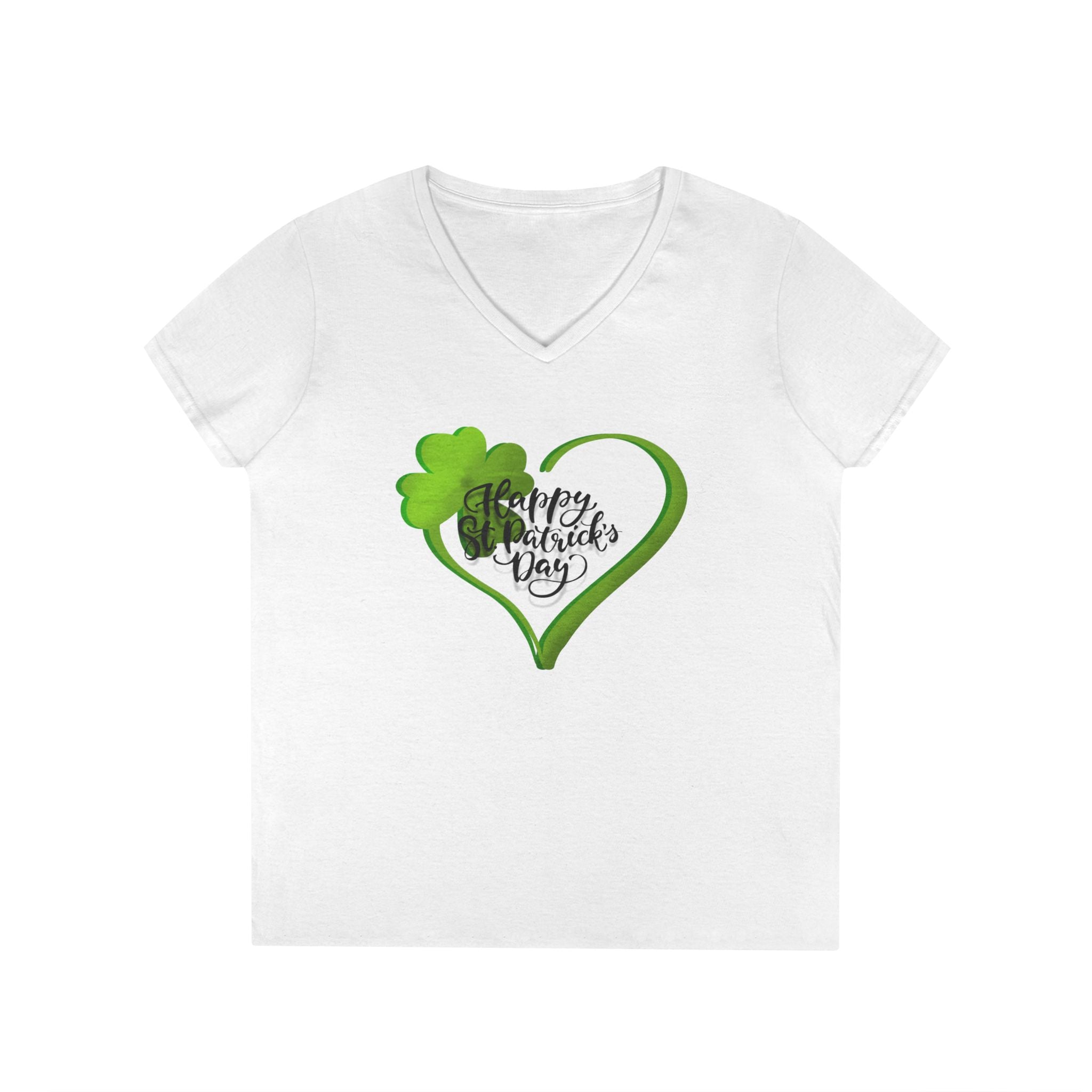 St. Patrick's Day Ladies' V-Neck T-Shirt — Green Shamrock Heart "Happy St. Patrick's Day"