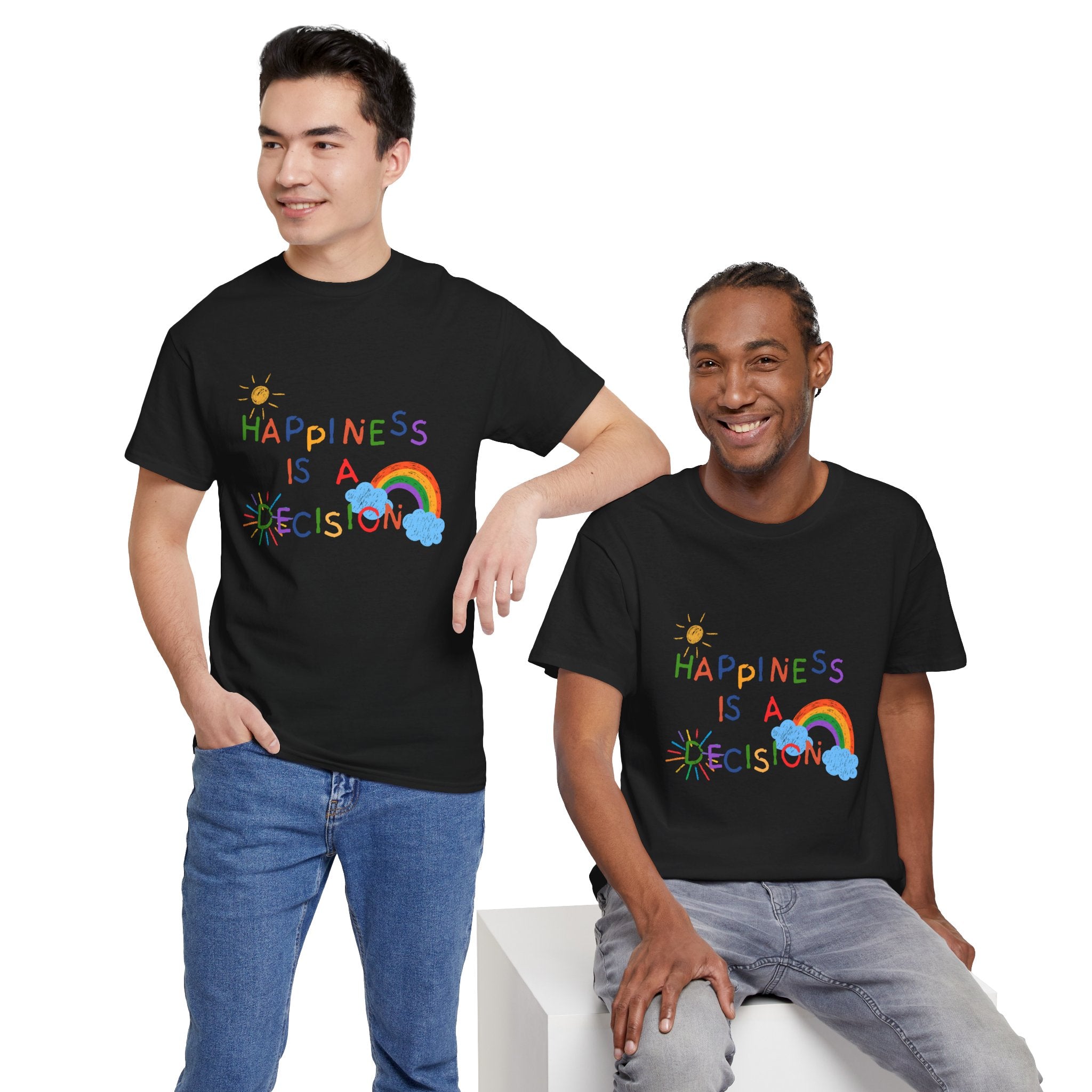 Happiness Is A Decision T-Shirt | Rainbow Handdrawn Positive Quote Tee